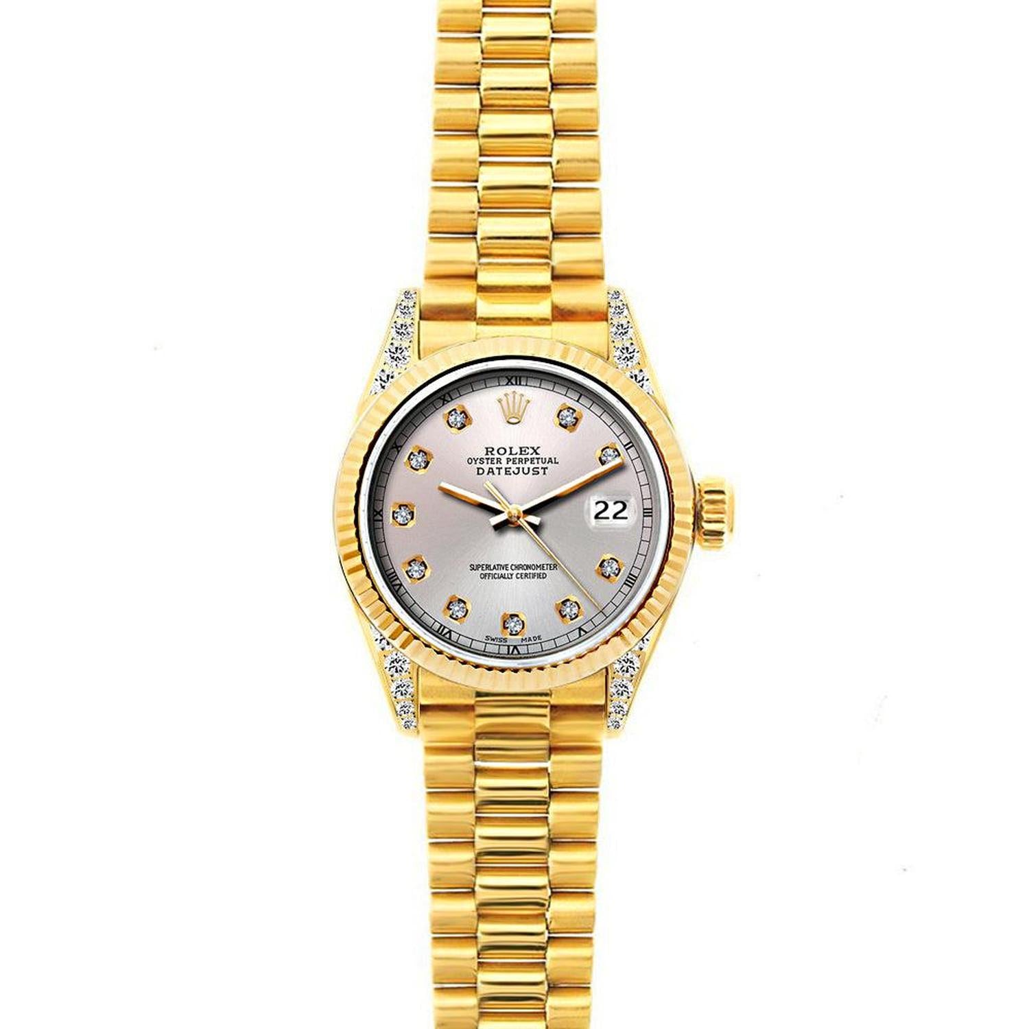 Rolex Datejust 26MM 69178 Silver Diamond Dial Yellow Gold Fluted Bezel 18K Yellow Gold President Bracelet