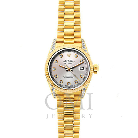 18k Yellow Gold Rolex Datejust Diamond Watch, 26mm, President Bracelet Silver Dial w/ Diamond Lugs