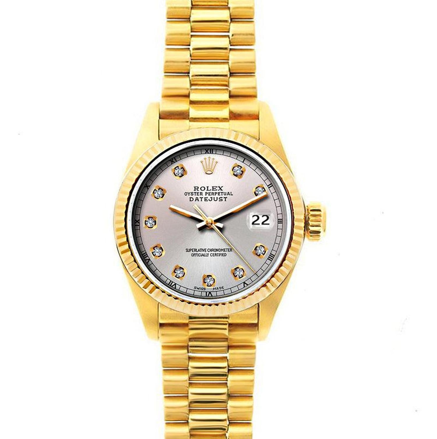 Rolex Datejust 26MM 69178 Silver Diamond Dial Yellow Gold Fluted Bezel 18K Yellow Gold President Bracelet
