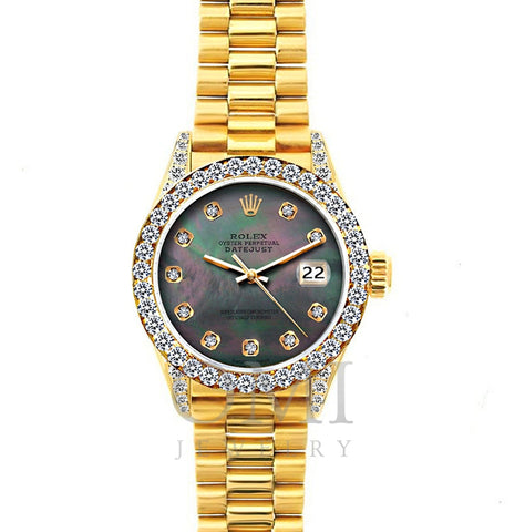 18k Yellow Gold Rolex Datejust Diamond Watch, 26mm, President Bracelet Black Mother of Pearl Dial w/ Diamond Bezel and Lugs