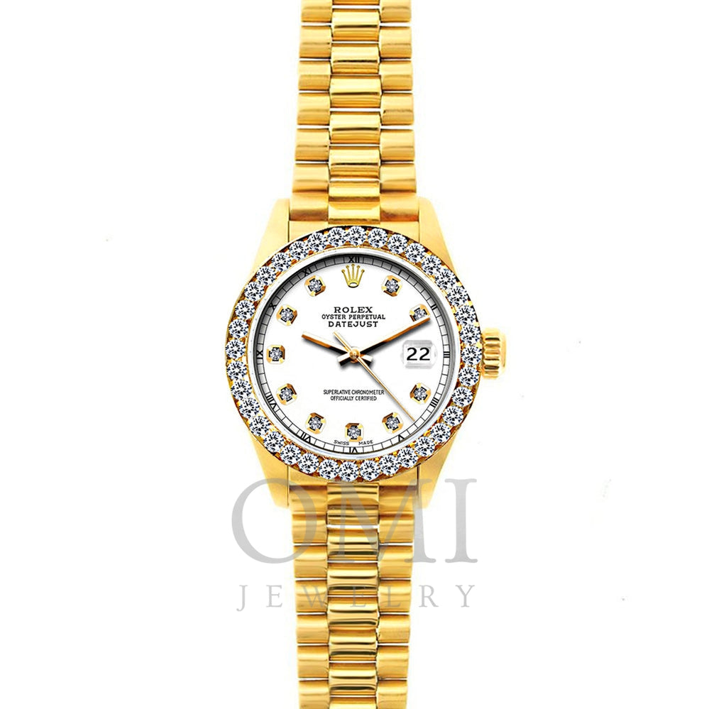 18k Yellow Gold Rolex Datejust Diamond Watch, 26mm, President Bracelet White Dial w/ Diamond Bezel