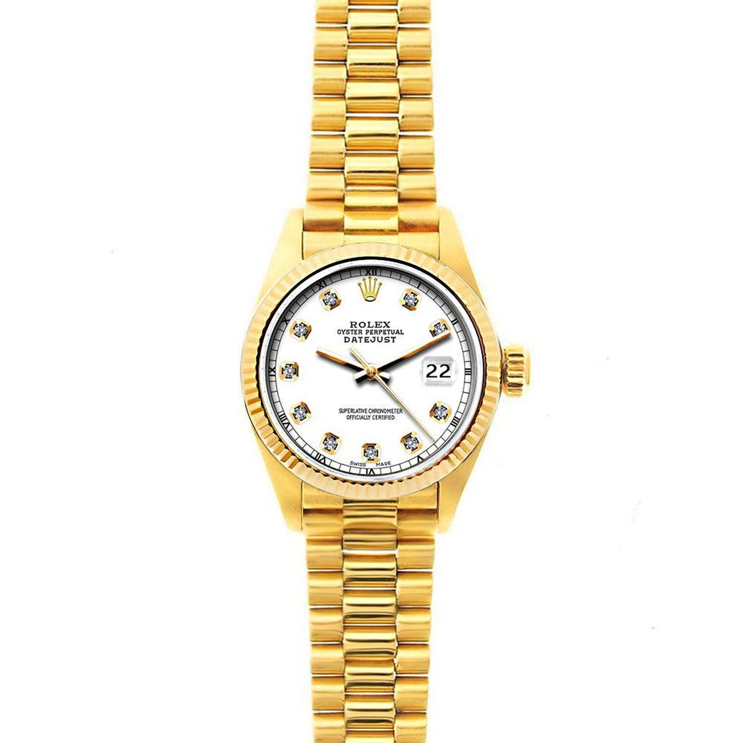 Rolex Datejust 26MM 69178 White Diamond Dial Yellow Gold Fluted Bezel 18K Yellow Gold President Bracelet