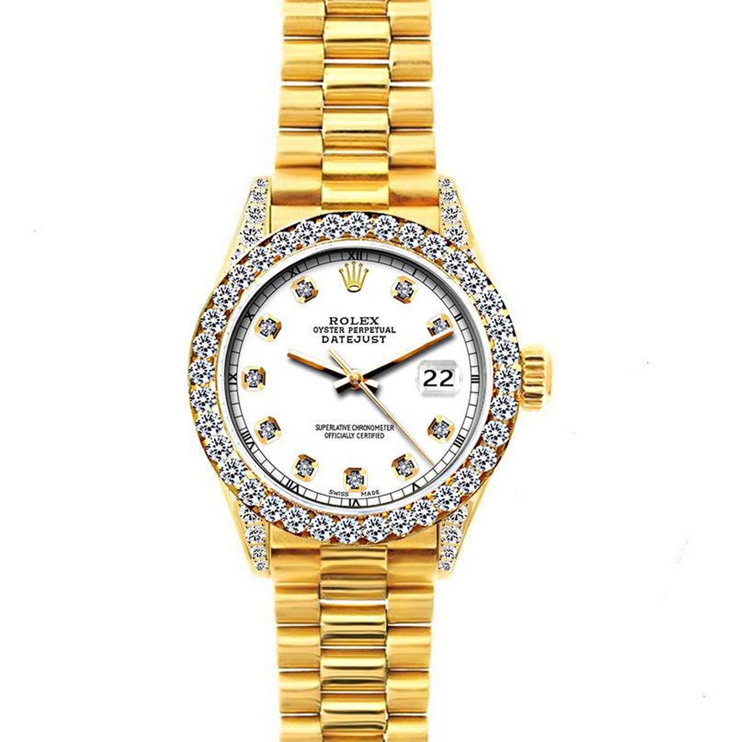 Rolex Datejust 26MM 69178 White Diamond Dial Diamond Bezel 18K Yellow Gold President Bracelet 1.2ct