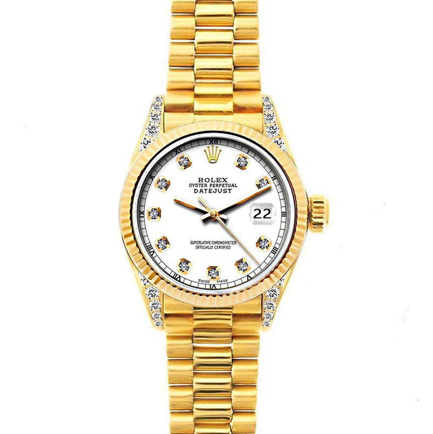 Rolex Datejust 26MM 69178 White Diamond Dial Yellow Gold Fluted Bezel 18K Yellow Gold President Bracelet
