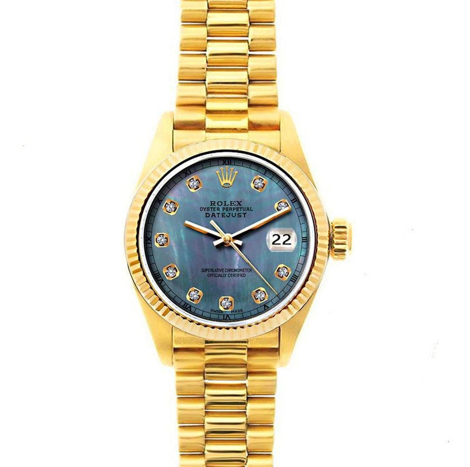 Rolex Datejust 26MM 69178 Blue Mother of Pearl Diamond Dial Yellow Gold Fluted Bezel 18K Yellow Gold President Bracelet