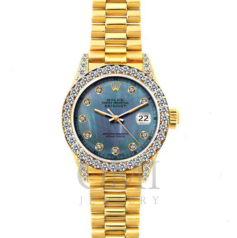 18k Yellow Gold Rolex Datejust Diamond Watch, 26mm, President Bracelet Pearl Blue Dial w/ Diamond Bezel and Lugs