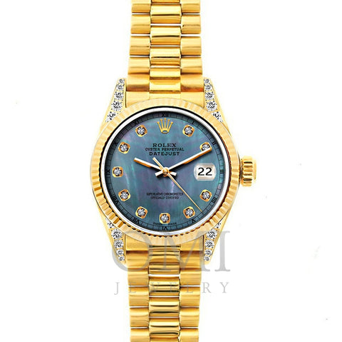 18k Yellow Gold Rolex Datejust Diamond Watch, 26mm, President Bracelet Pearl Blue Dial w/ Diamond Lugs