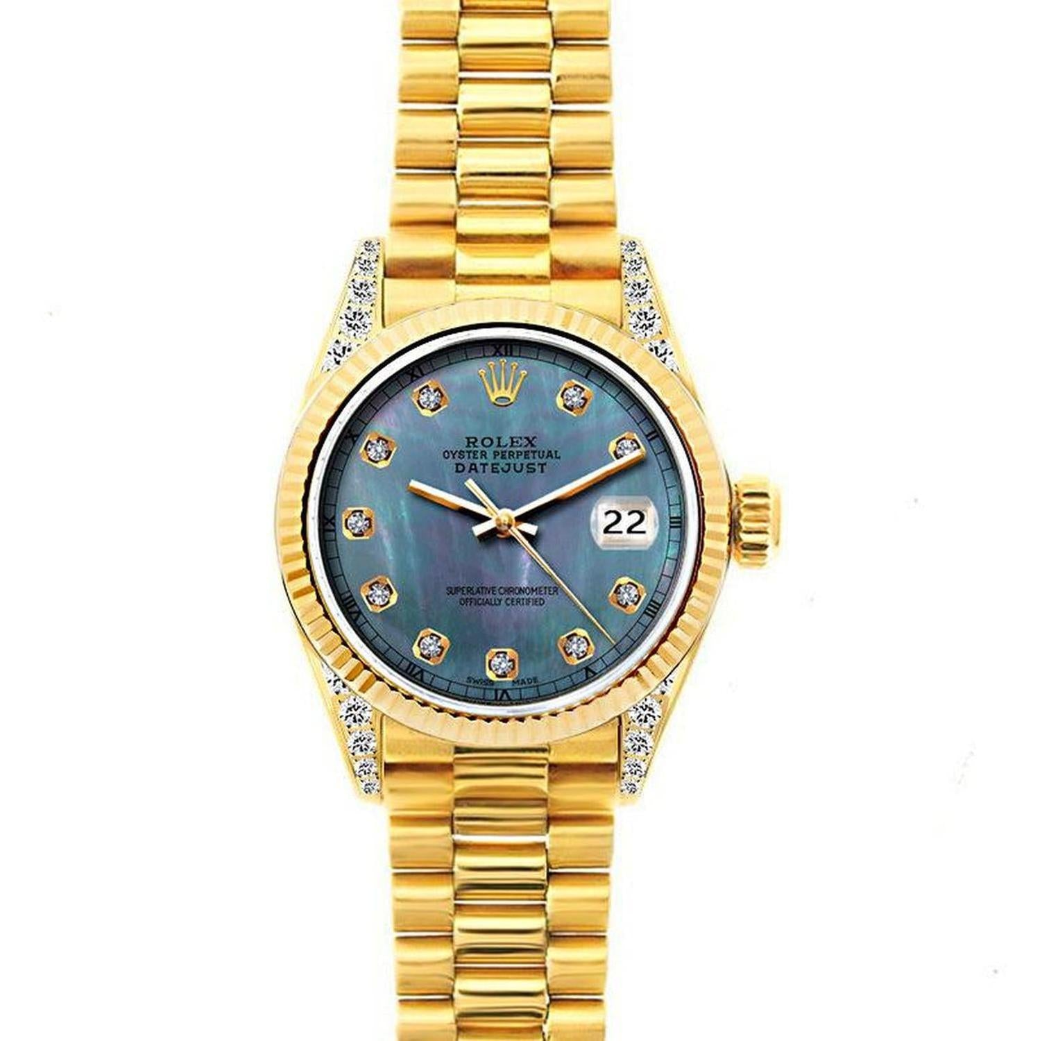 Rolex Datejust 26MM 69178 Blue Mother of Pearl Diamond Dial Yellow Gold Fluted Bezel 18K Yellow Gold President Bracelet
