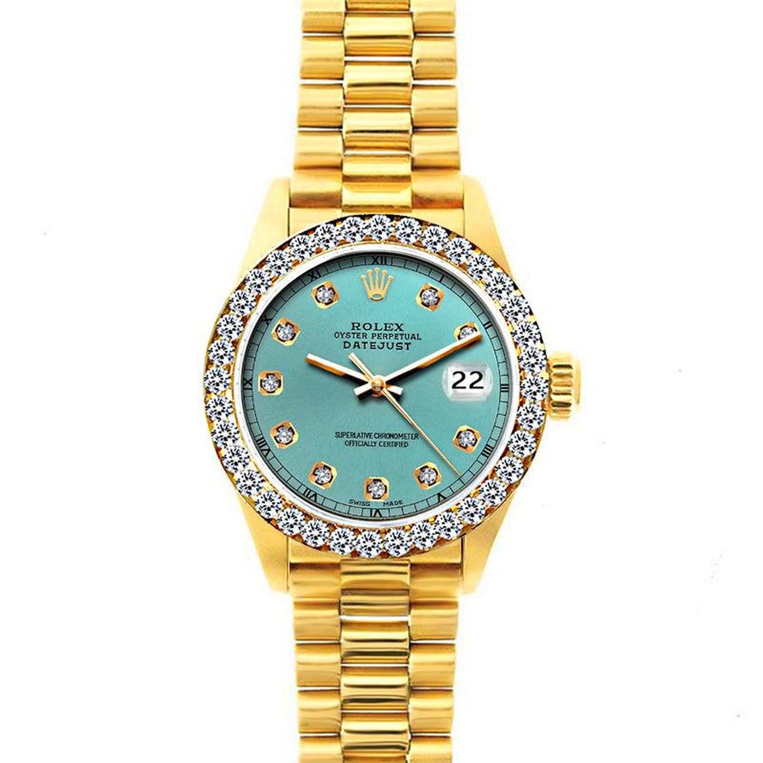 Rolex Datejust 26MM 69178 Turquoise Diamond Dial Diamond Bezel 18K Yellow Gold President Bracelet 1.2ct