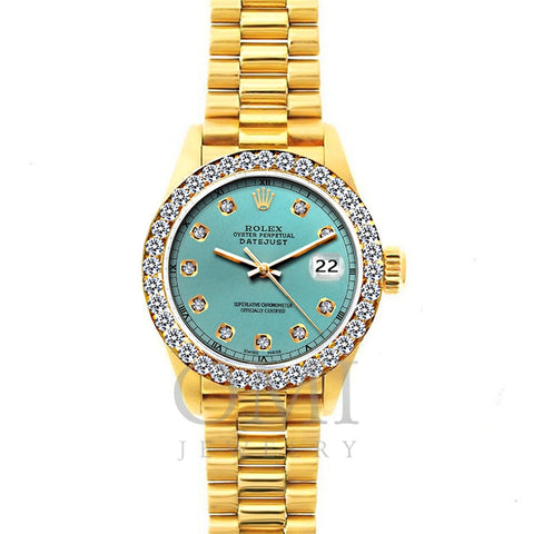 18k Yellow Gold Rolex Datejust Diamond Watch, 26mm, President Bracelet Blue Green Dial w/ Diamond Bezel