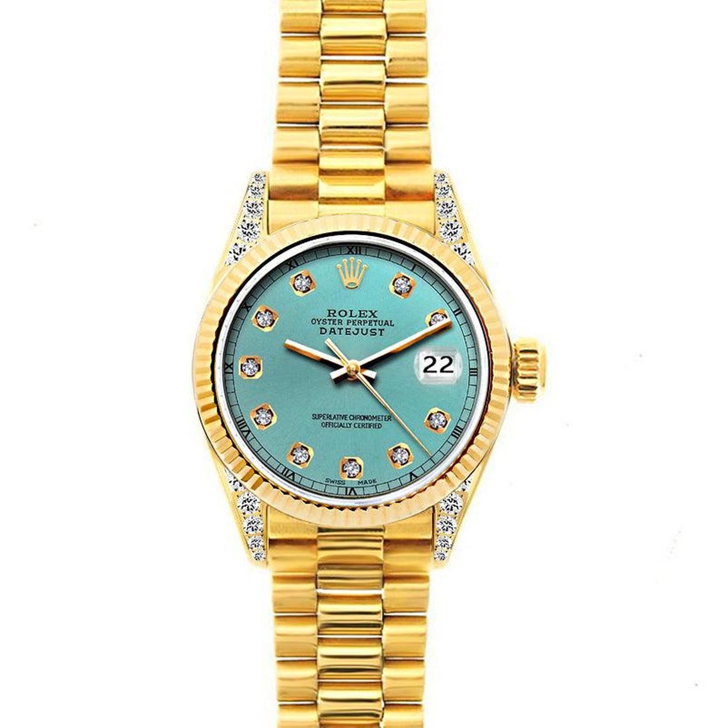 Rolex Datejust 26MM 69178 Turquoise Diamond Dial Yellow Gold Fluted Bezel 18K Yellow Gold President Bracelet