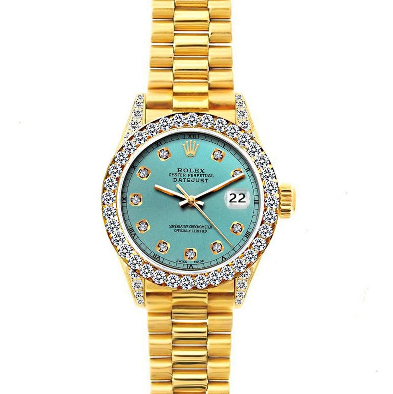 Rolex Datejust 26MM 69178 Turquoise Diamond Dial Diamond Bezel 18K Yellow Gold President Bracelet 1.2ct