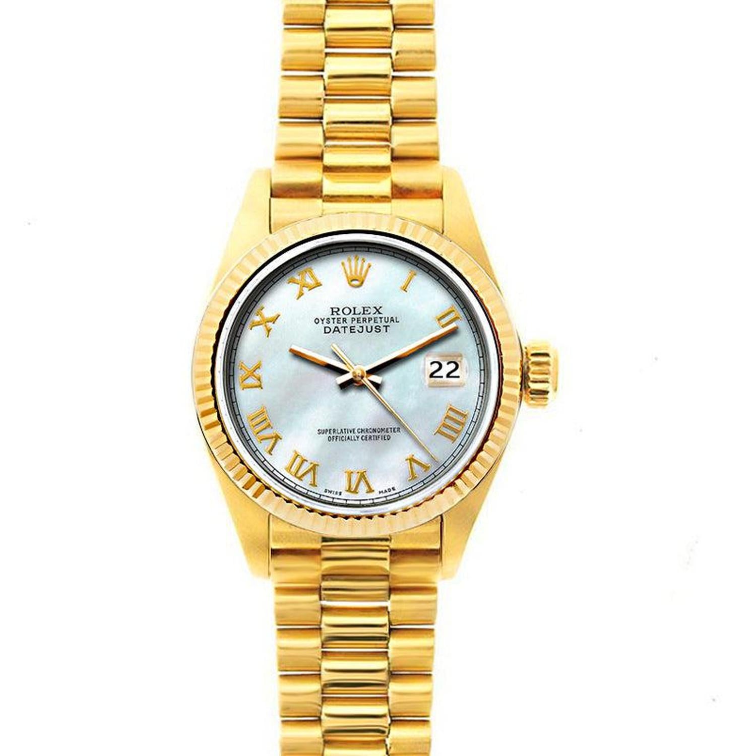Rolex Datejust 26MM 69178 Mother of Pearl Roman Dial Yellow Gold Fluted Bezel 18K Yellow Gold President Bracelet