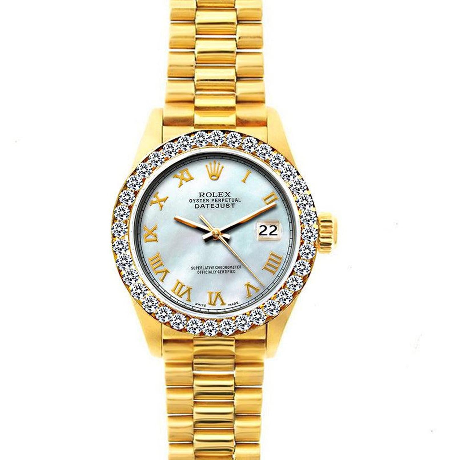 Rolex Datejust 26MM 69178 Mother of Pearl Roman Dial Diamond Bezel 18K Yellow Gold President Bracelet 1.2ct