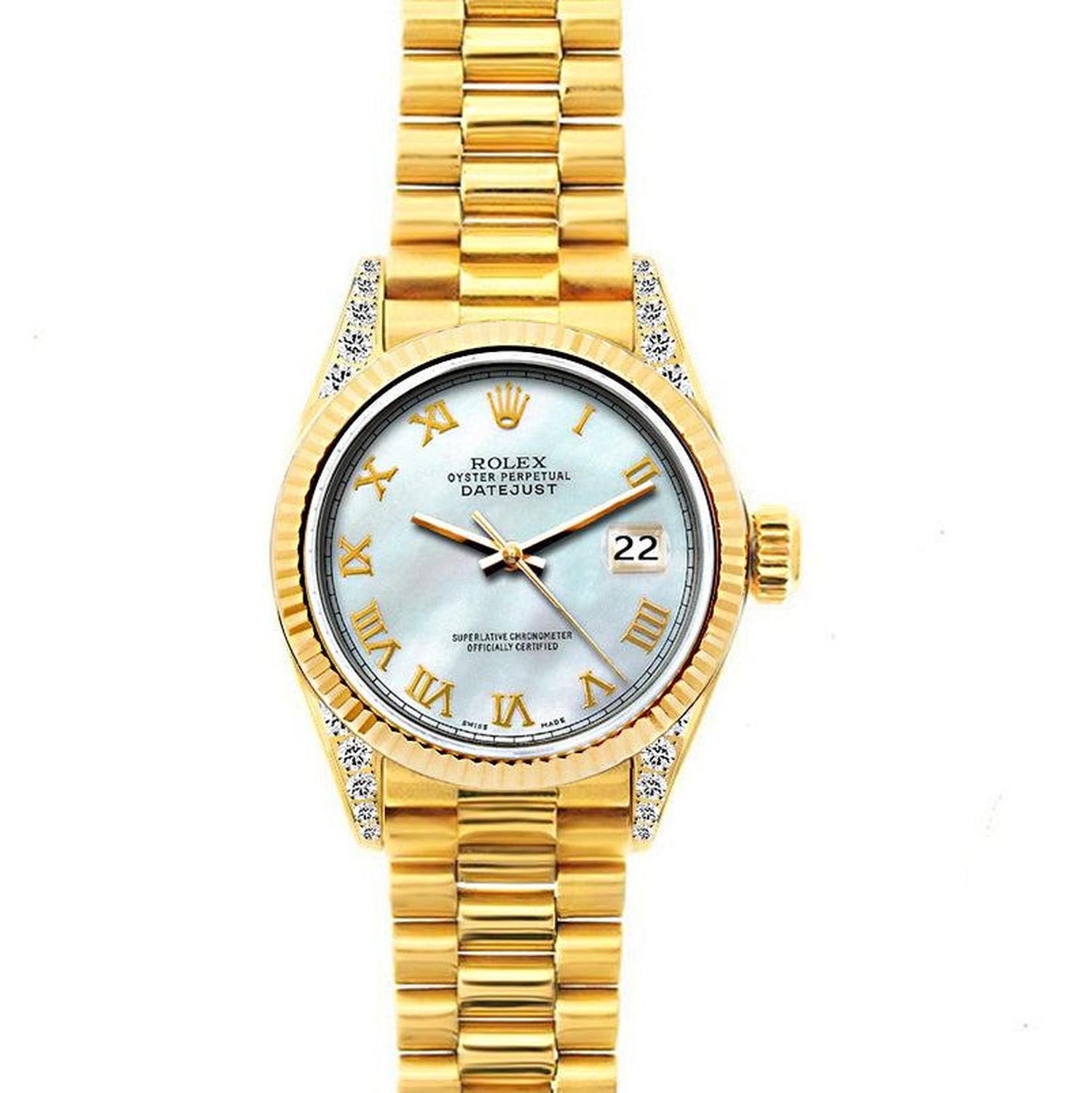 Rolex Datejust 26MM 69178 Mother of Pearl Roman Dial Yellow Gold Fluted Bezel 18K Yellow Gold President Bracelet