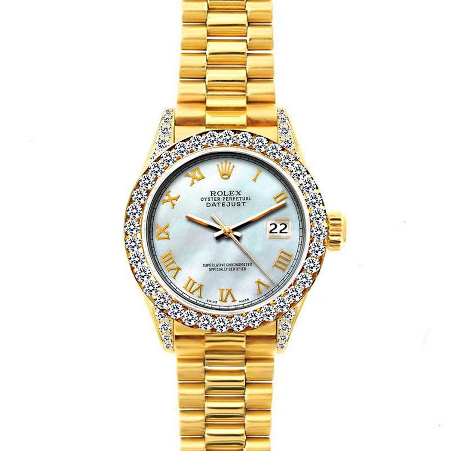 Rolex Datejust 26MM 69178 Mother of Pearl Roman Dial Diamond Bezel 18K Yellow Gold President Bracelet 1.2ct