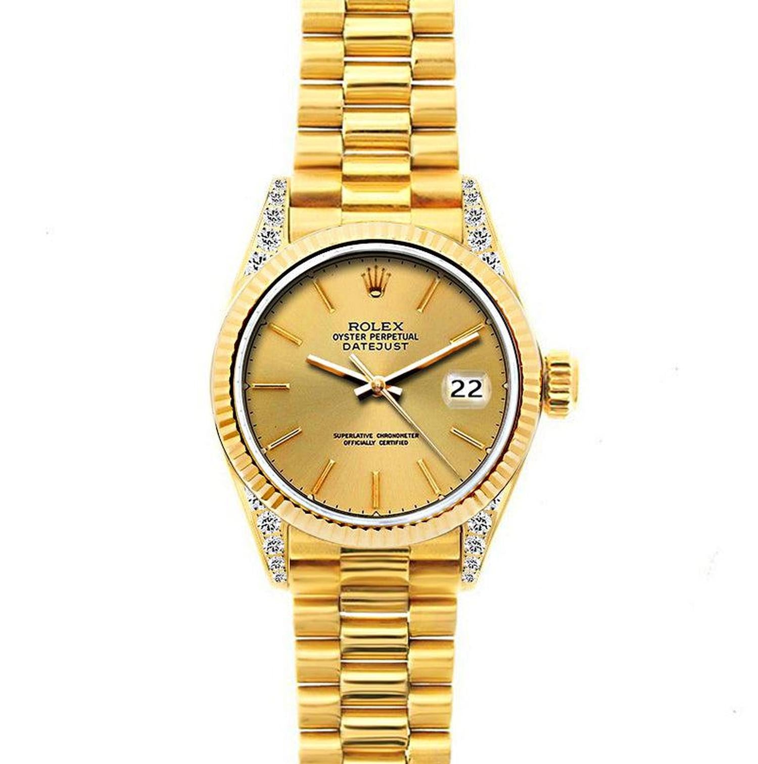 Rolex Datejust 26MM 69178 Champagne Dial Yellow Gold Fluted Bezel 18K Yellow Gold President Bracelet
