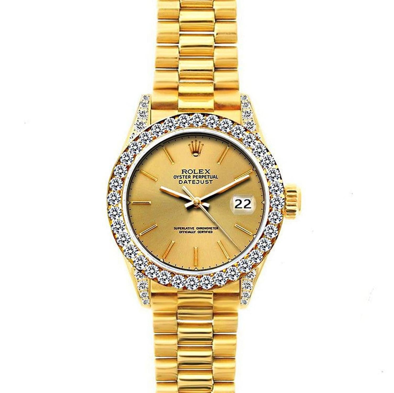 Rolex Datejust 26MM 69178 Champagne Dial Diamond Bezel 18K Yellow Gold President Bracelet 1.2ct