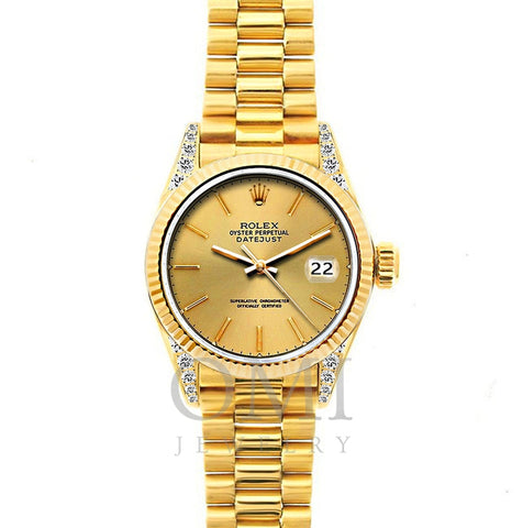 18k Yellow Gold Rolex Datejust Diamond Watch, 26mm, President Bracelet Yellow Gold Dial w/ Diamond Lugs