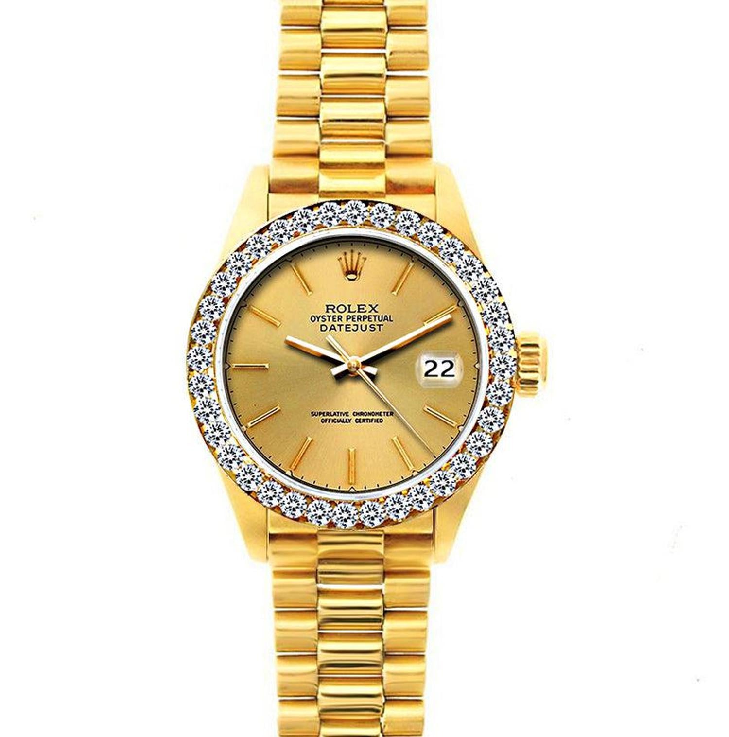 Rolex Datejust 26MM 69178 Champagne Dial Diamond Bezel 18K Yellow Gold President Bracelet 1.2ct