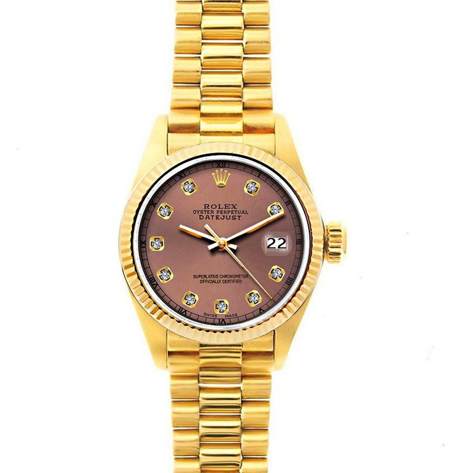Rolex Datejust 26MM 69178 Everose Diamond Dial Yellow Gold Fluted Bezel 18K Yellow Gold President Bracelet