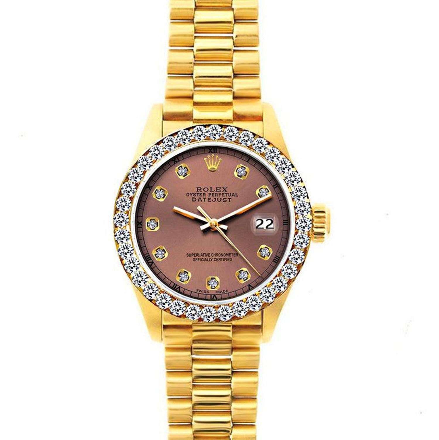 Rolex Datejust 26MM 69178 Everose Diamond Dial Diamond Bezel 18K Yellow Gold President Bracelet 1.2ct