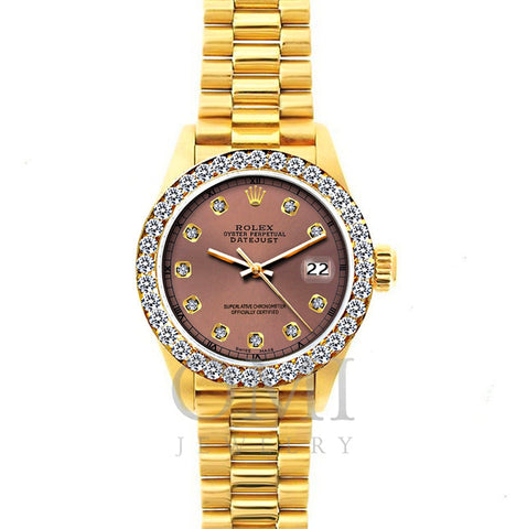 18k Yellow Gold Rolex Datejust Diamond Watch, 26mm, President Bracelet Brown Dial w/ Diamond Bezel