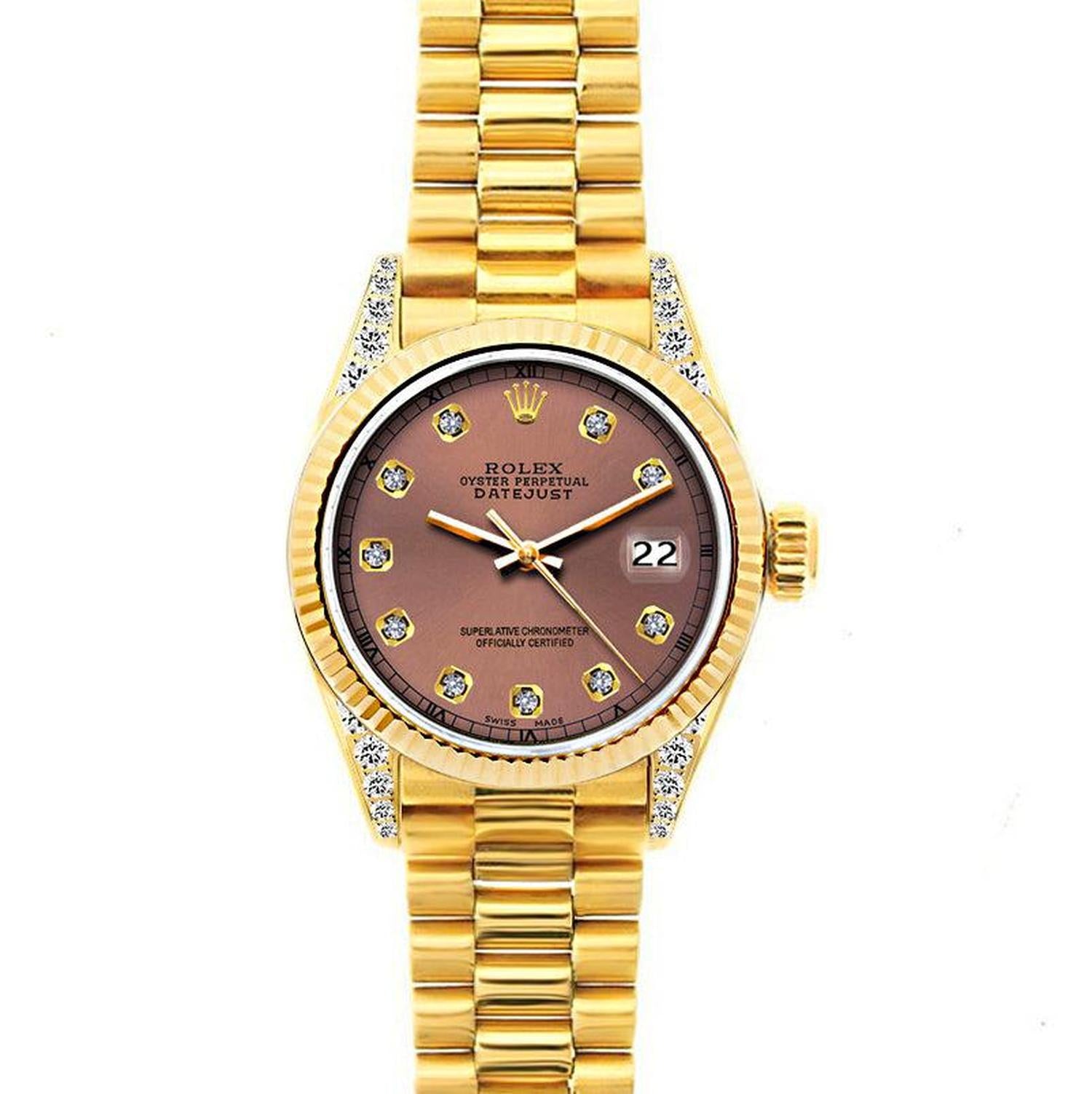 Rolex Datejust 26MM 69178 Everose Diamond Dial Yellow Gold Fluted Bezel 18K Yellow Gold President Bracelet