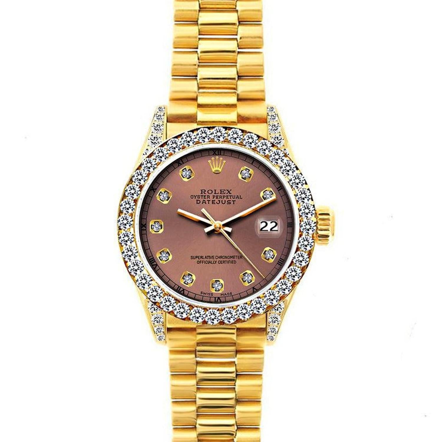Rolex Datejust 26MM 69178 Everose Diamond Dial Diamond Bezel 18K Yellow Gold President Bracelet 1.2ct