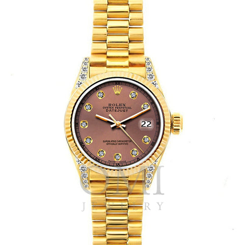 18k Yellow Gold Rolex Datejust Diamond Watch, 26mm, President Bracelet Brown Dial w/ Diamond Lugs