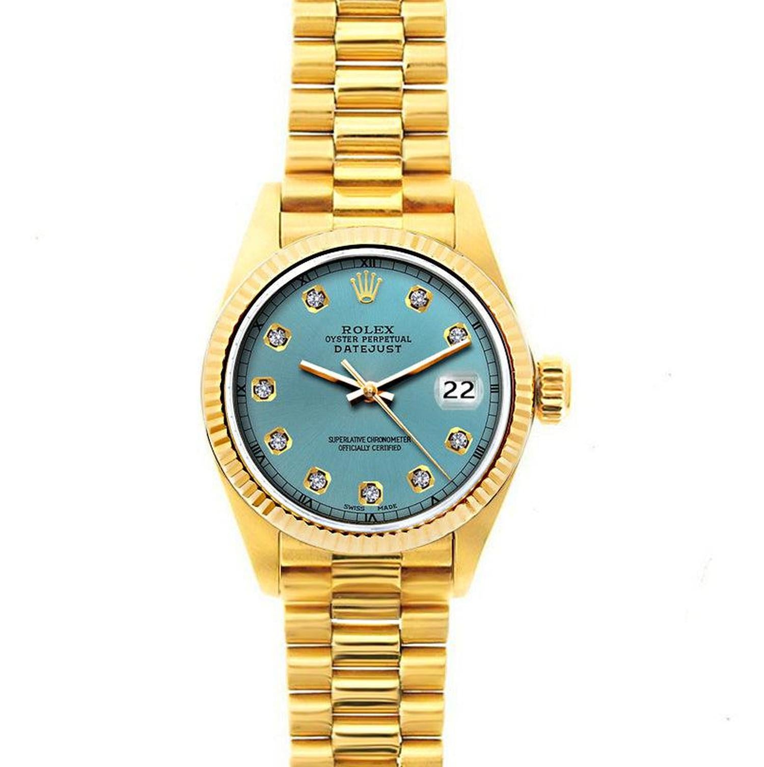 Rolex Datejust 26MM 69178 Turquoise Diamond Dial Yellow Gold Fluted Bezel 18K Yellow Gold President Bracelet