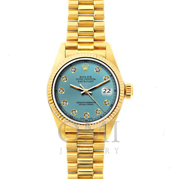 Rolex Datejust 26mm 18k Yellow Gold President Bracelet Ice Blue Dial
