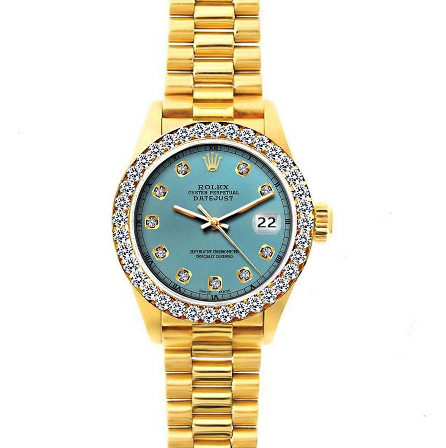 Rolex Datejust 26MM 69178 Turquoise Diamond Dial Diamond Bezel 18K Yellow Gold President Bracelet 1.2ct