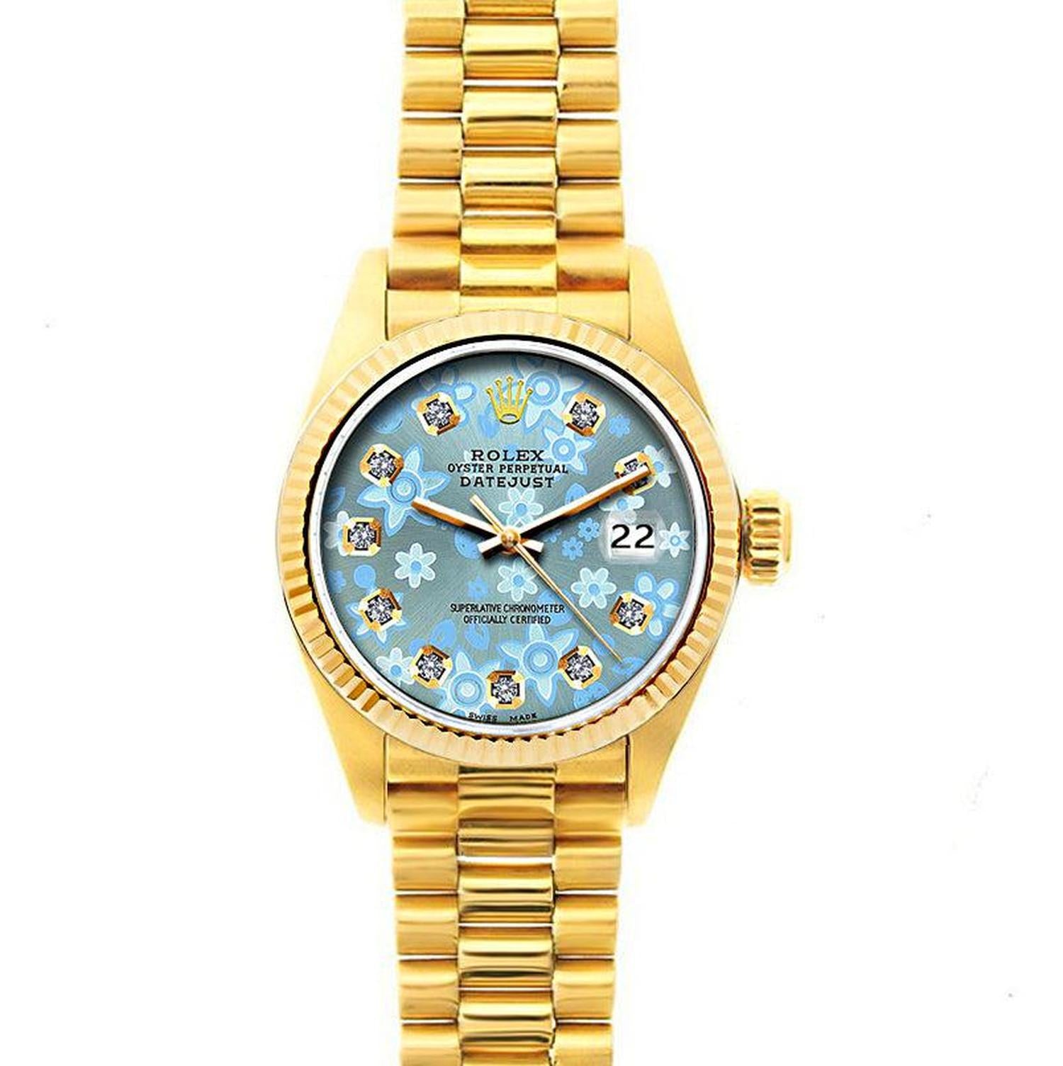 Rolex Datejust 26MM 69178 Ice Blue Floral Diamond Dial Yellow Gold Fluted Bezel 18K Yellow Gold President Bracelet