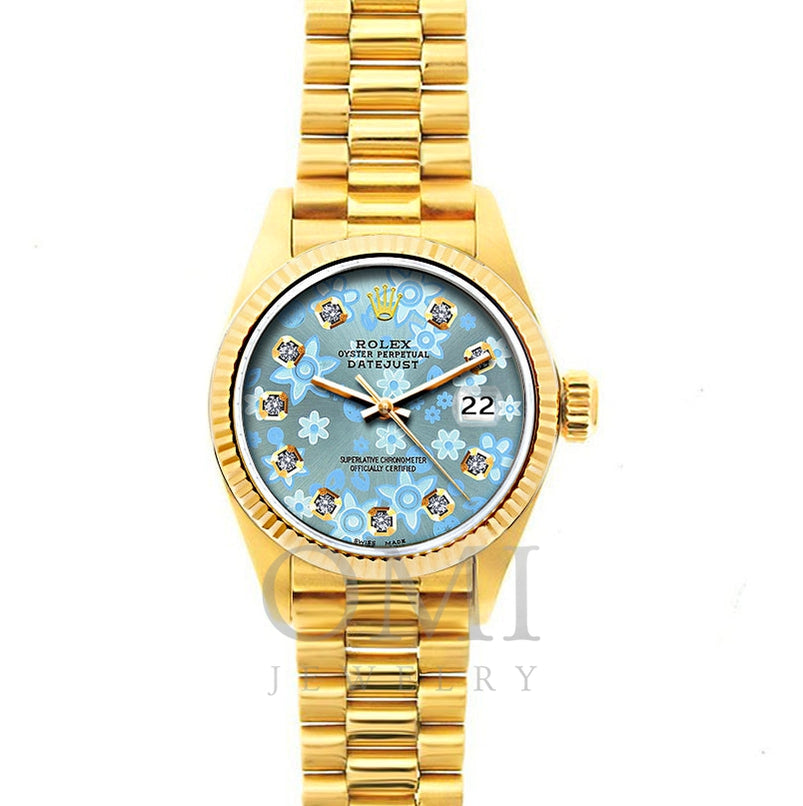 Rolex Datejust 26mm 18k Yellow Gold President Bracelet Ice Blue Flower Dial