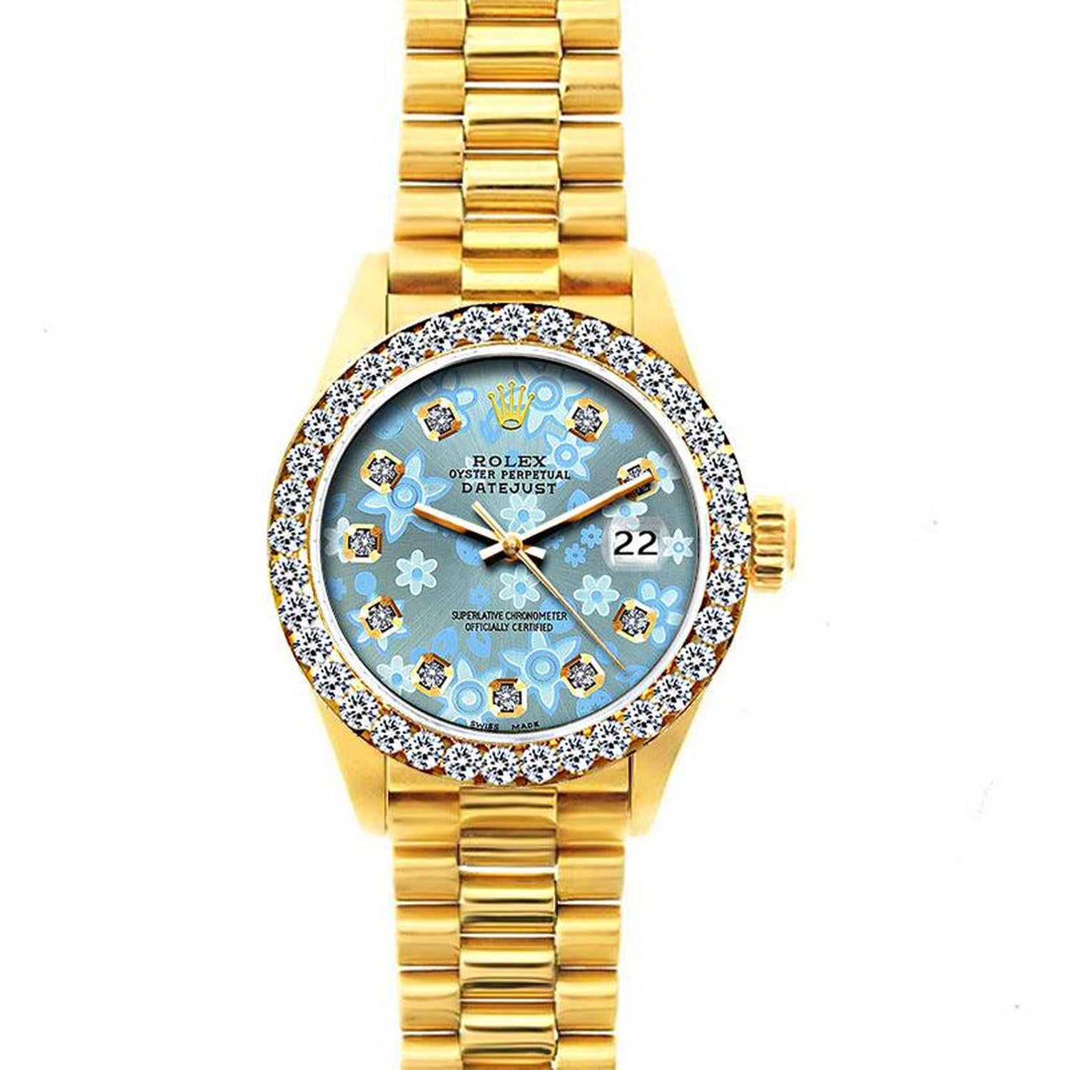 Rolex Datejust 26MM 69178 Ice Blue Floral Diamond Dial Diamond Bezel 18K Yellow Gold President Bracelet 1.2ct