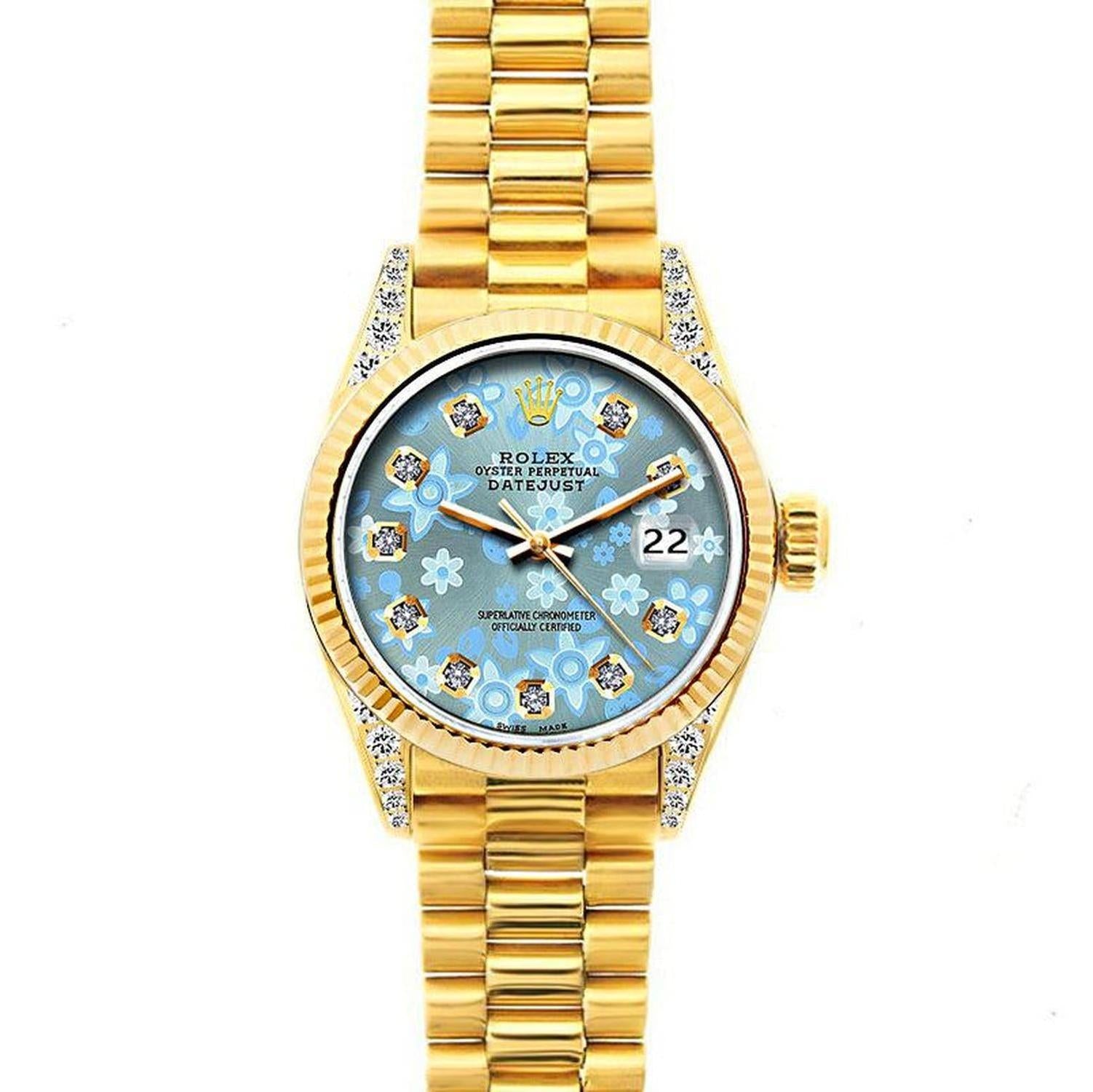 Rolex Datejust 26MM 69178 Ice Blue Floral Diamond Dial Yellow Gold Fluted Bezel 18K Yellow Gold President Bracelet