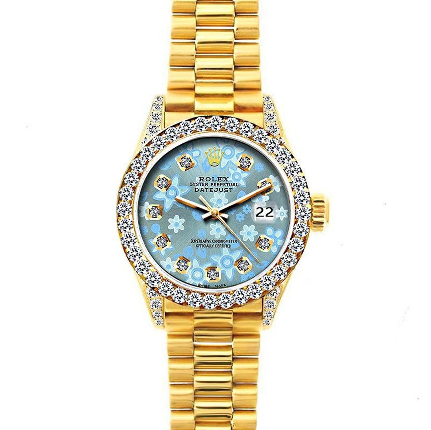 Rolex Datejust 26MM 69178 Ice Blue Floral Diamond Dial Diamond Bezel 18K Yellow Gold President Bracelet 1.2ct