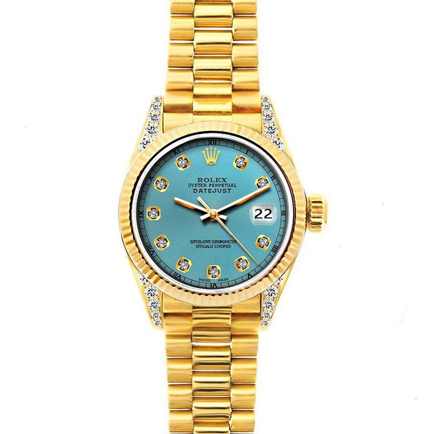 Rolex Datejust 26MM 69178 Turquoise Diamond Dial Yellow Gold Fluted Bezel 18K Yellow Gold President Bracelet