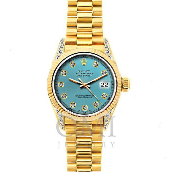 18k Yellow Gold Rolex Datejust Diamond Watch, 26mm, President Bracelet Ice Blue Dial w/ Diamond Lugs