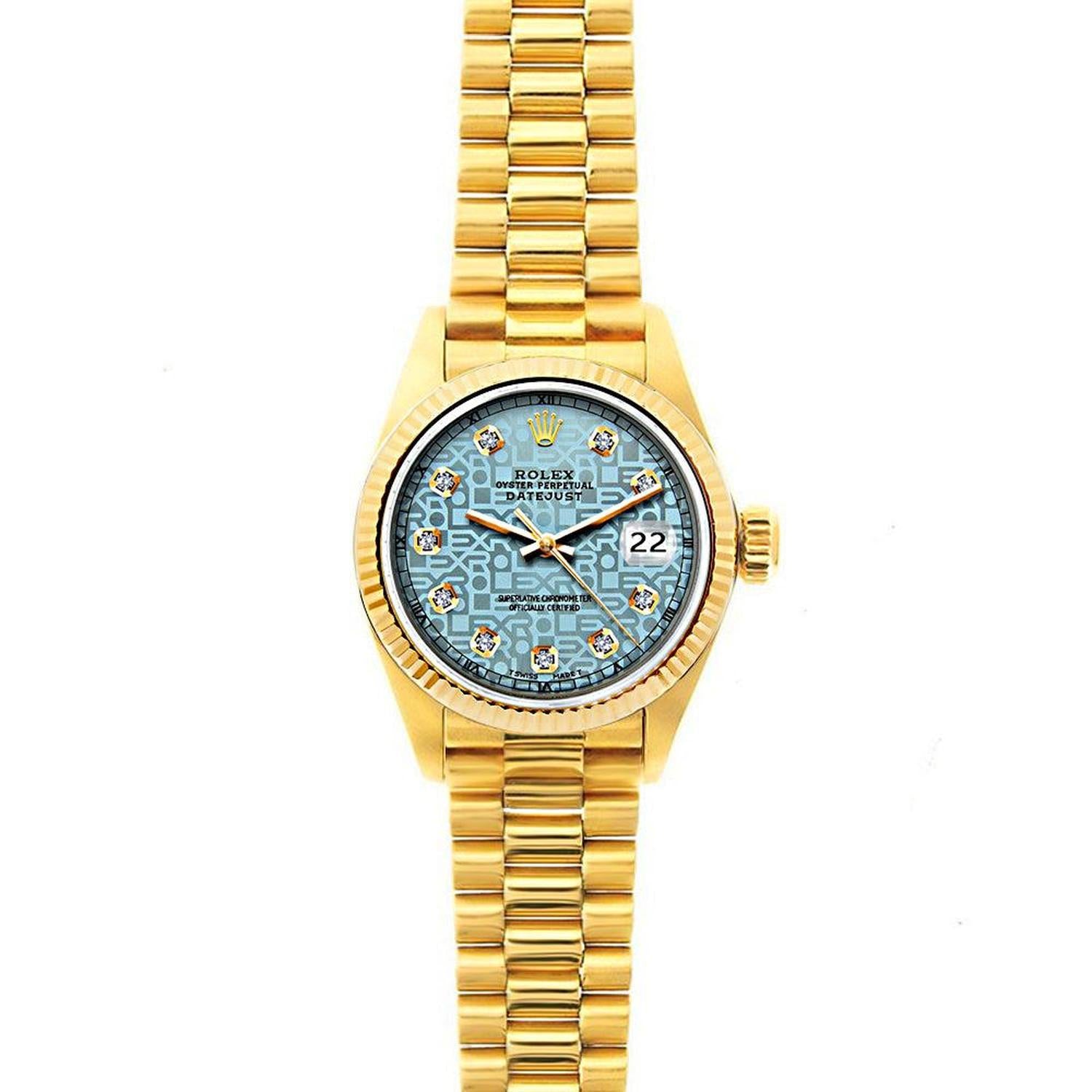 Rolex Datejust 26MM 69178 Ice Blue Pattern Diamond Dial Yellow Gold Fluted Bezel 18K Yellow Gold President Bracelet