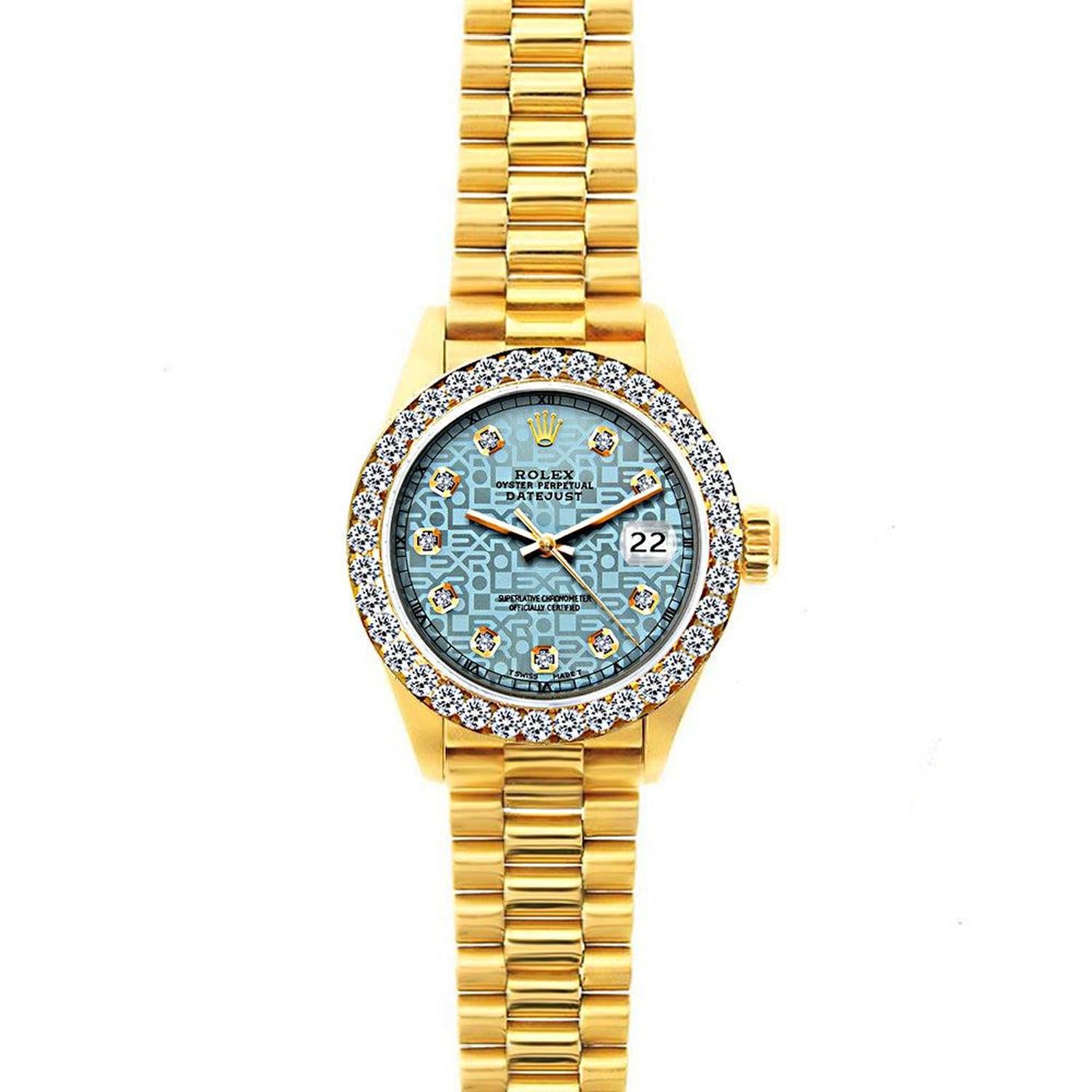 Rolex Datejust 26MM 69178 Ice Blue Pattern Diamond Dial Diamond Bezel 18K Yellow Gold President Bracelet 1.2ct