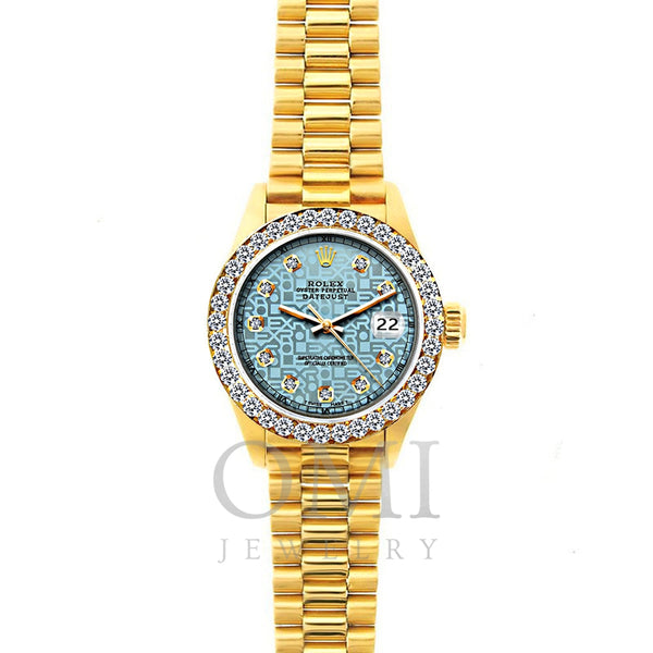 18k Yellow Gold Rolex Datejust Diamond Watch, 26mm, President Bracelet Ice Blue Rolex Dial w/ Diamond Bezel