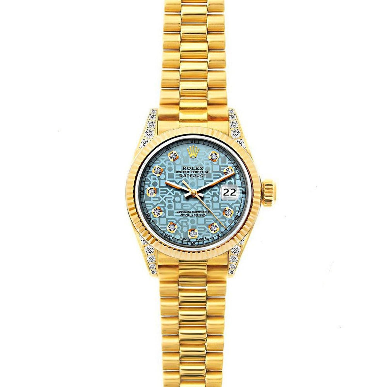 Rolex Datejust 26MM 69178 Ice Blue Pattern Diamond Dial Diamond Bezel 18K Yellow Gold President Bracelet