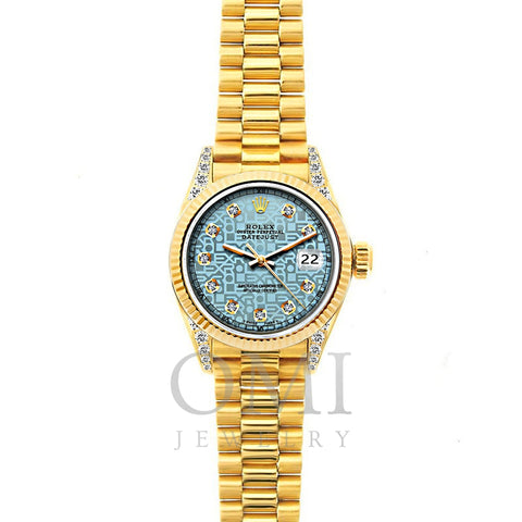 18k Yellow Gold Rolex Datejust Diamond Watch, 26mm, President Bracelet Ice Blue Rolex Dial w/ Diamond Lugs
