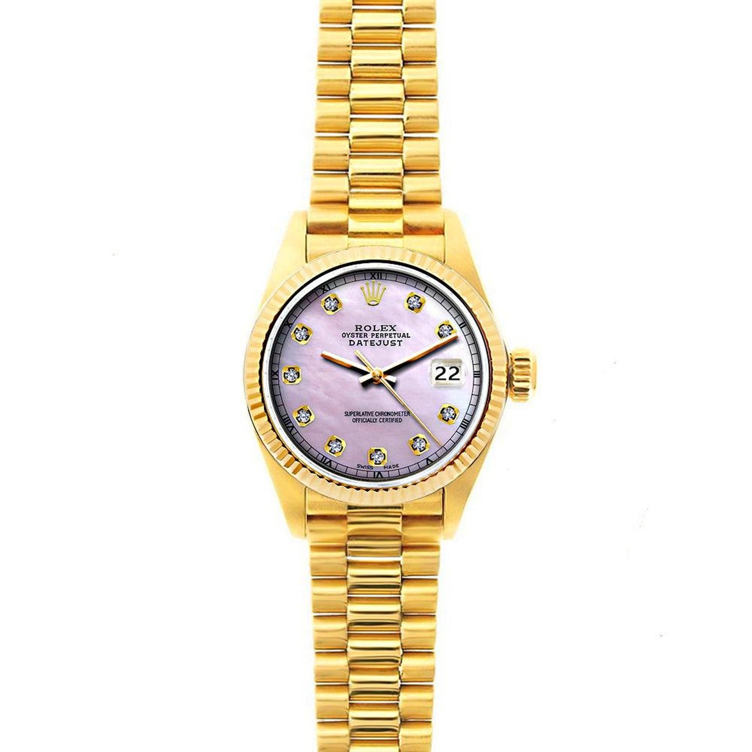 Rolex Datejust 26MM 69178 Pink Mother of Pearl Diamond Dial Yellow Gold Fluted Bezel 18K Yellow Gold President Bracelet