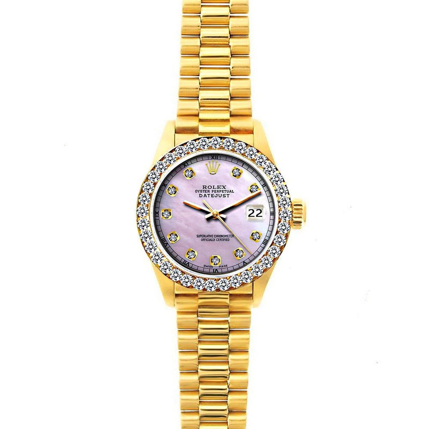 Rolex Datejust 26MM 69178 Pink Mother of Pearl Diamond Dial Diamond Bezel 18K Yellow Gold President Bracelet 1.2ct