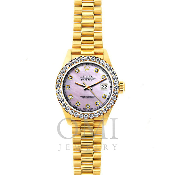 18k Yellow Gold Rolex Datejust Diamond Watch, 26mm, President Bracelet Pink Dial w/ Diamond Bezel