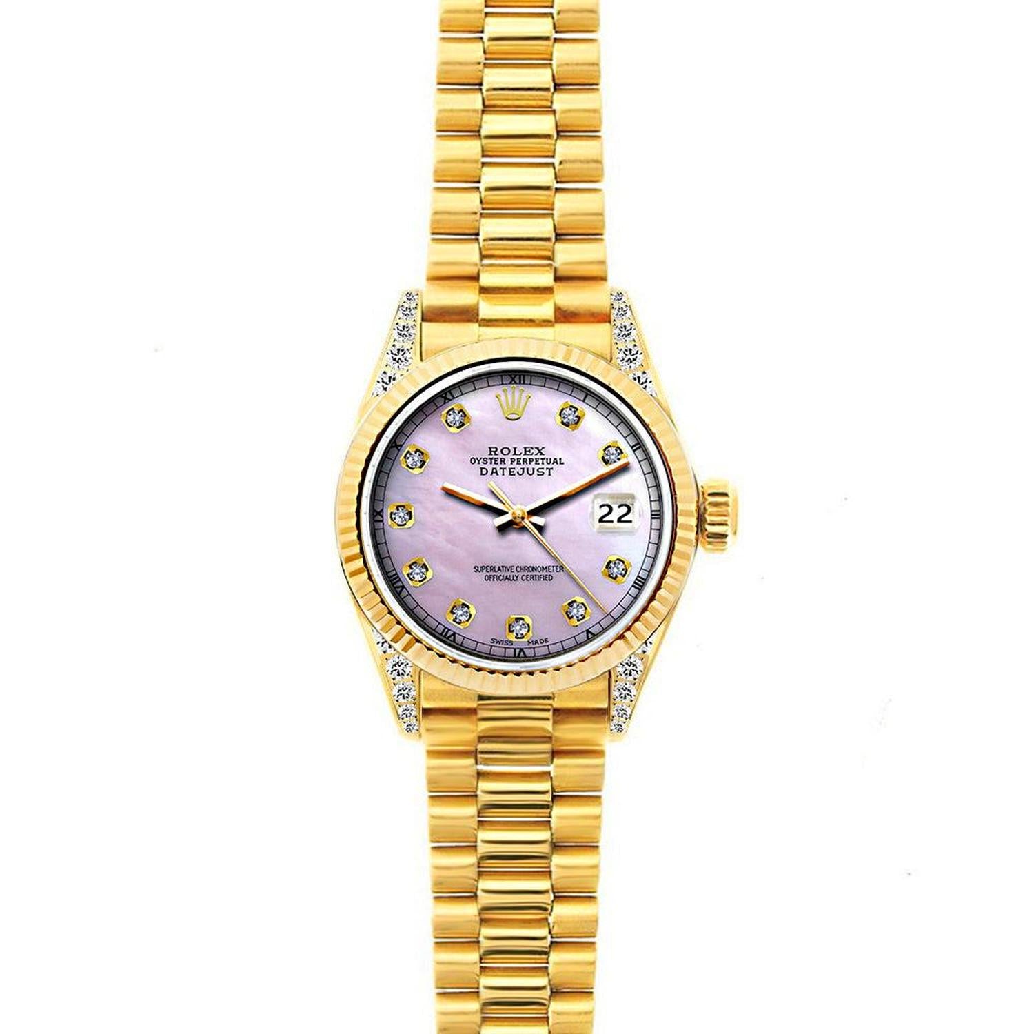Rolex Datejust 26MM 69178 Pink Mother of Pearl Diamond Dial Yellow Gold Fluted Bezel 18K Yellow Gold President Bracelet