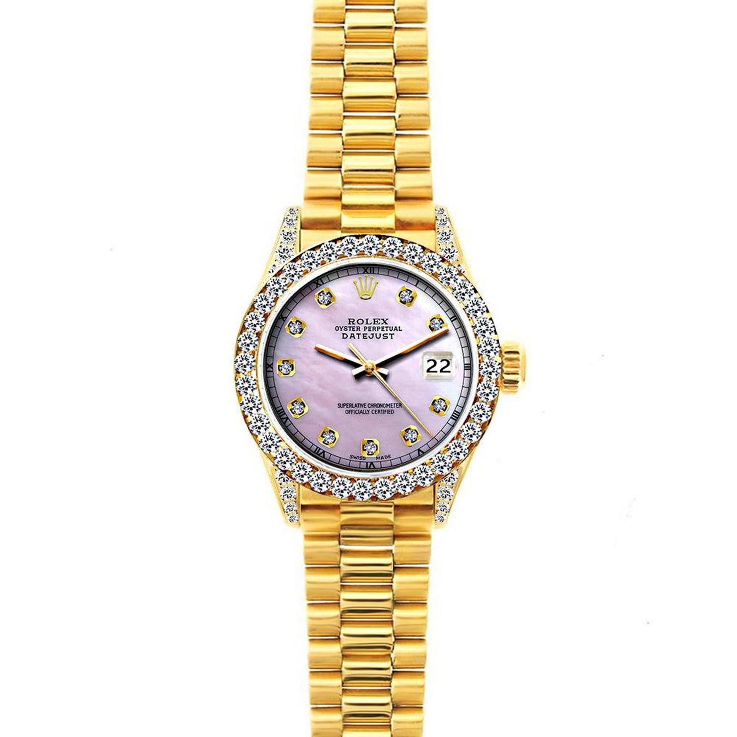 Rolex Datejust 26MM 69178 Pink Mother of Pearl Diamond Dial Diamond Bezel 18K Yellow Gold President Bracelet 1.2ct